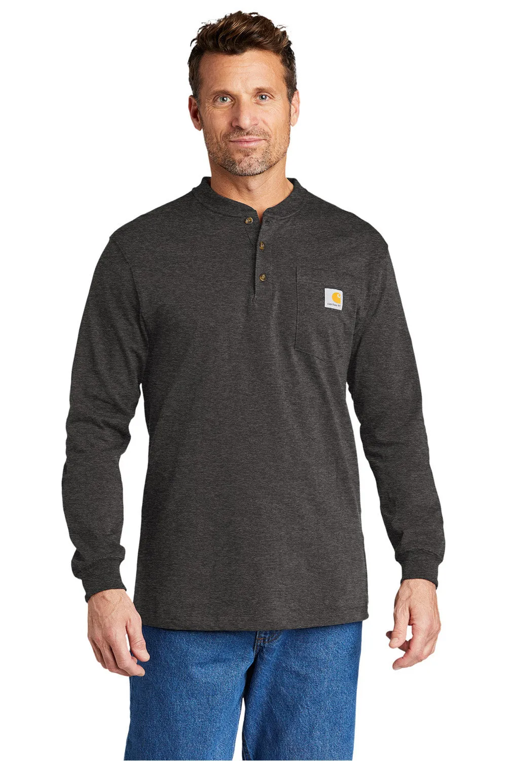 Carhartt Mens Long Sleeve Henley T-Shirt w/ Pocket - Heather Carbon Grey