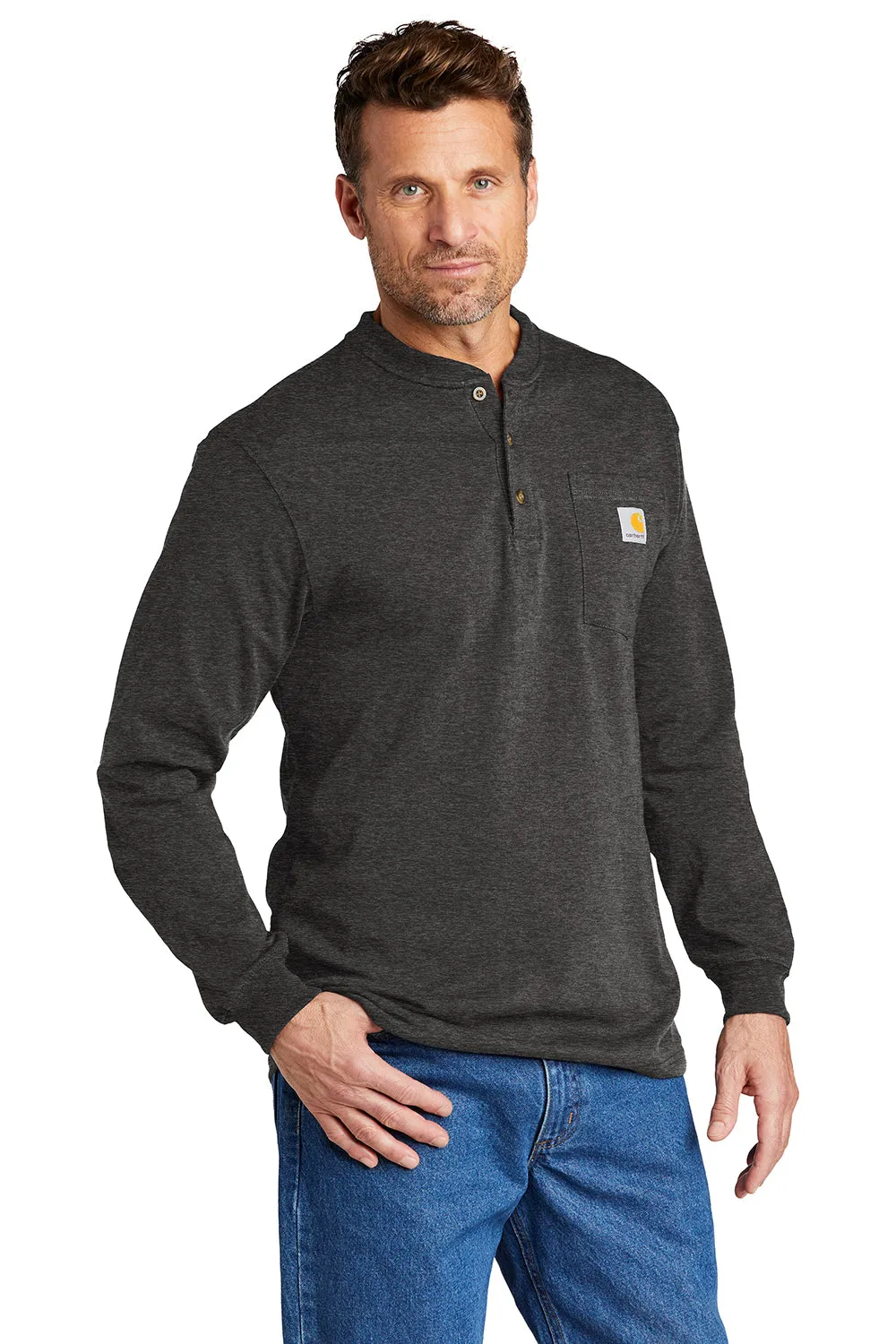 Carhartt Mens Long Sleeve Henley T-Shirt w/ Pocket - Heather Carbon Grey