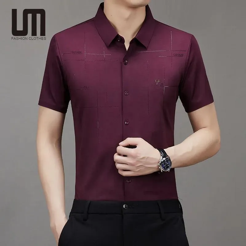 Men s Clothing Printed Casual Short Sleeve Business Formal Textured Summer Shirts TS311