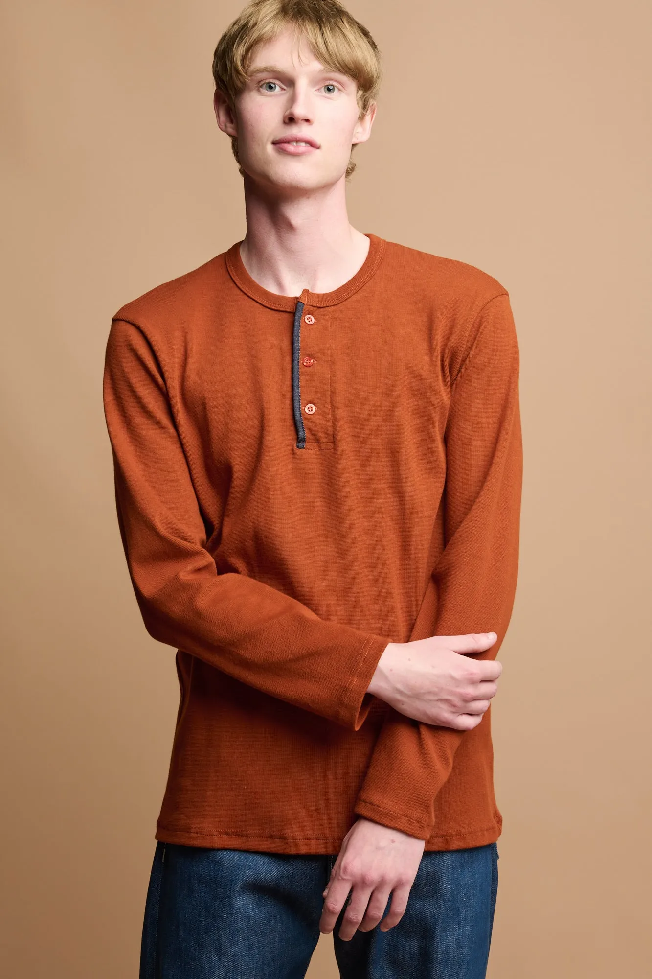 Men's Long Sleeve Henley Top - Cinnamon