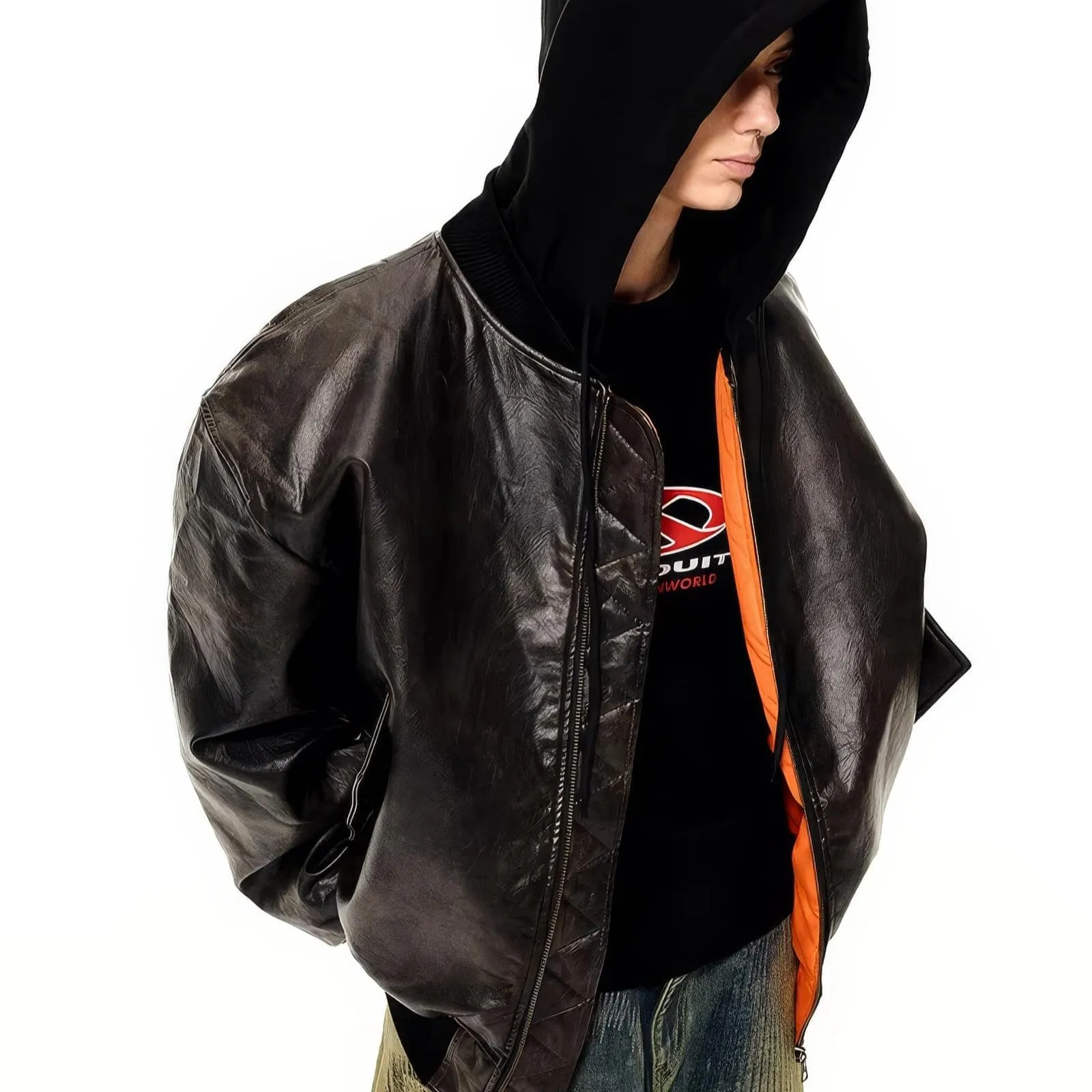 Oversized Hooded Pilot Leather Bomber Jacket
