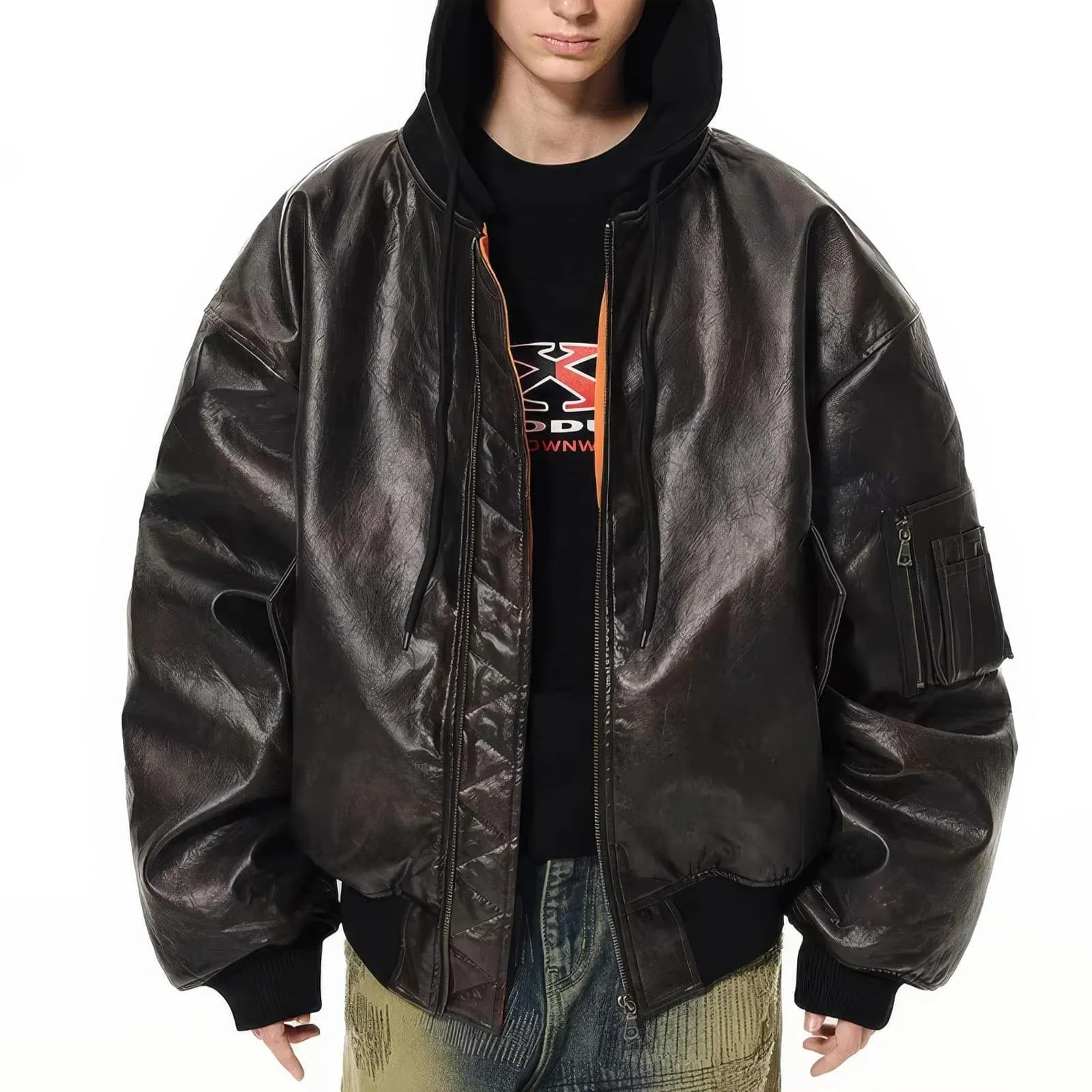 Oversized Hooded Pilot Leather Bomber Jacket