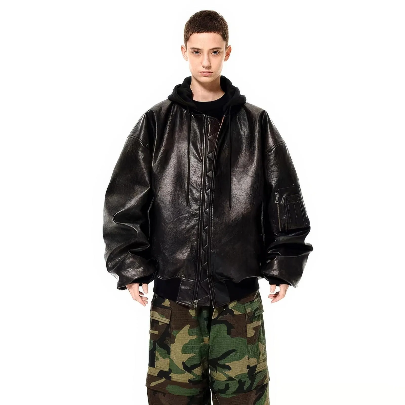 Oversized Hooded Pilot Leather Bomber Jacket