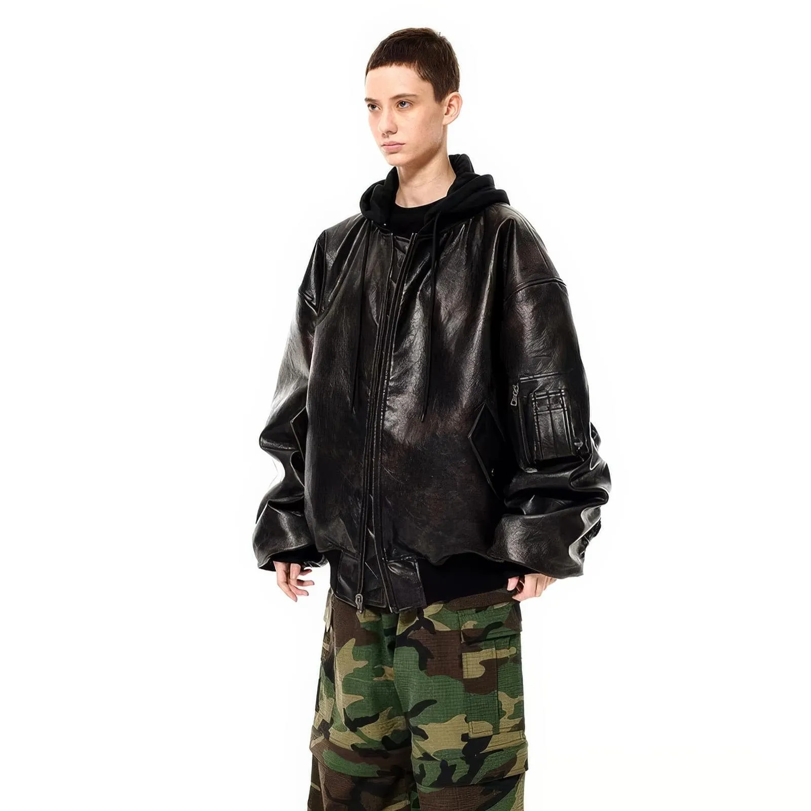 Oversized Hooded Pilot Leather Bomber Jacket