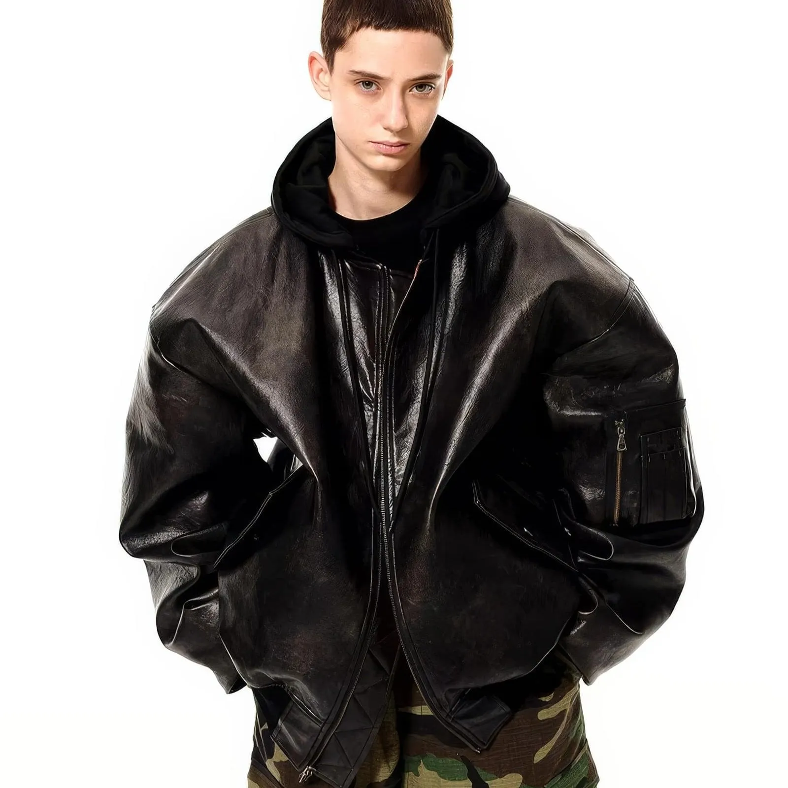 Oversized Hooded Pilot Leather Bomber Jacket