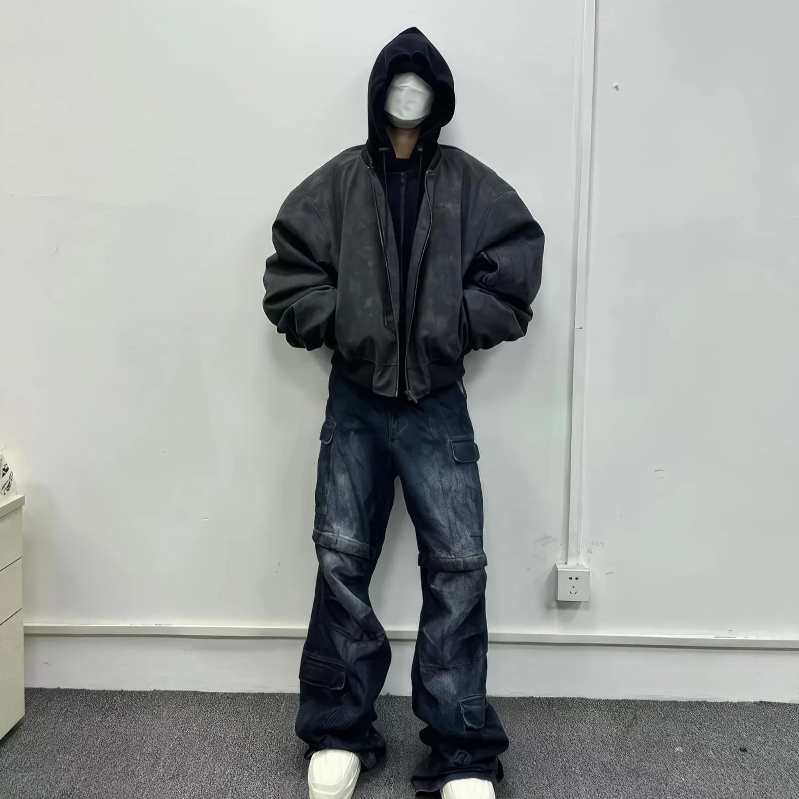 Oversized Hooded Suede Leather Bomber Jacket