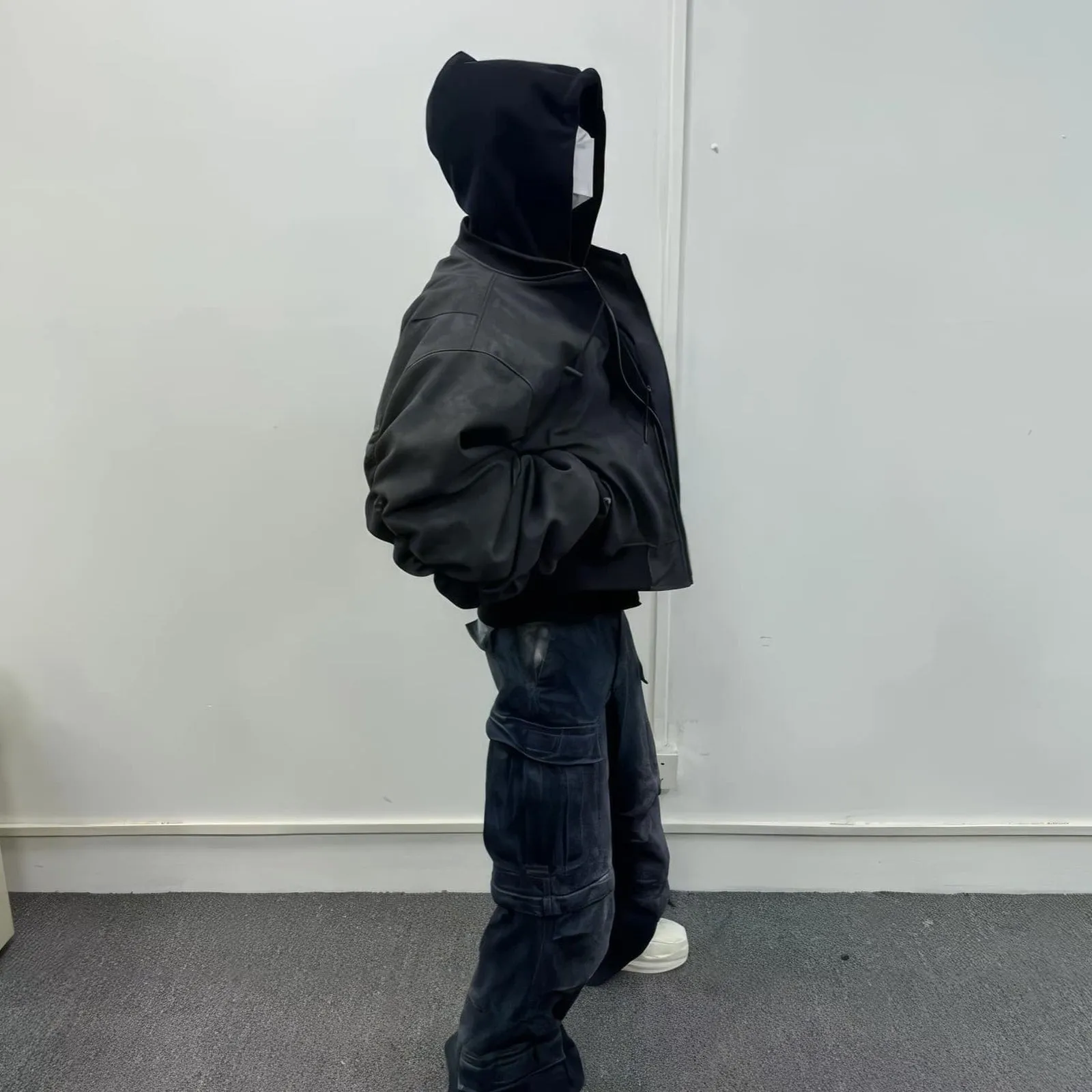 Oversized Hooded Suede Leather Bomber Jacket
