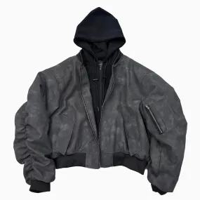 Oversized Hooded Suede Leather Bomber Jacket