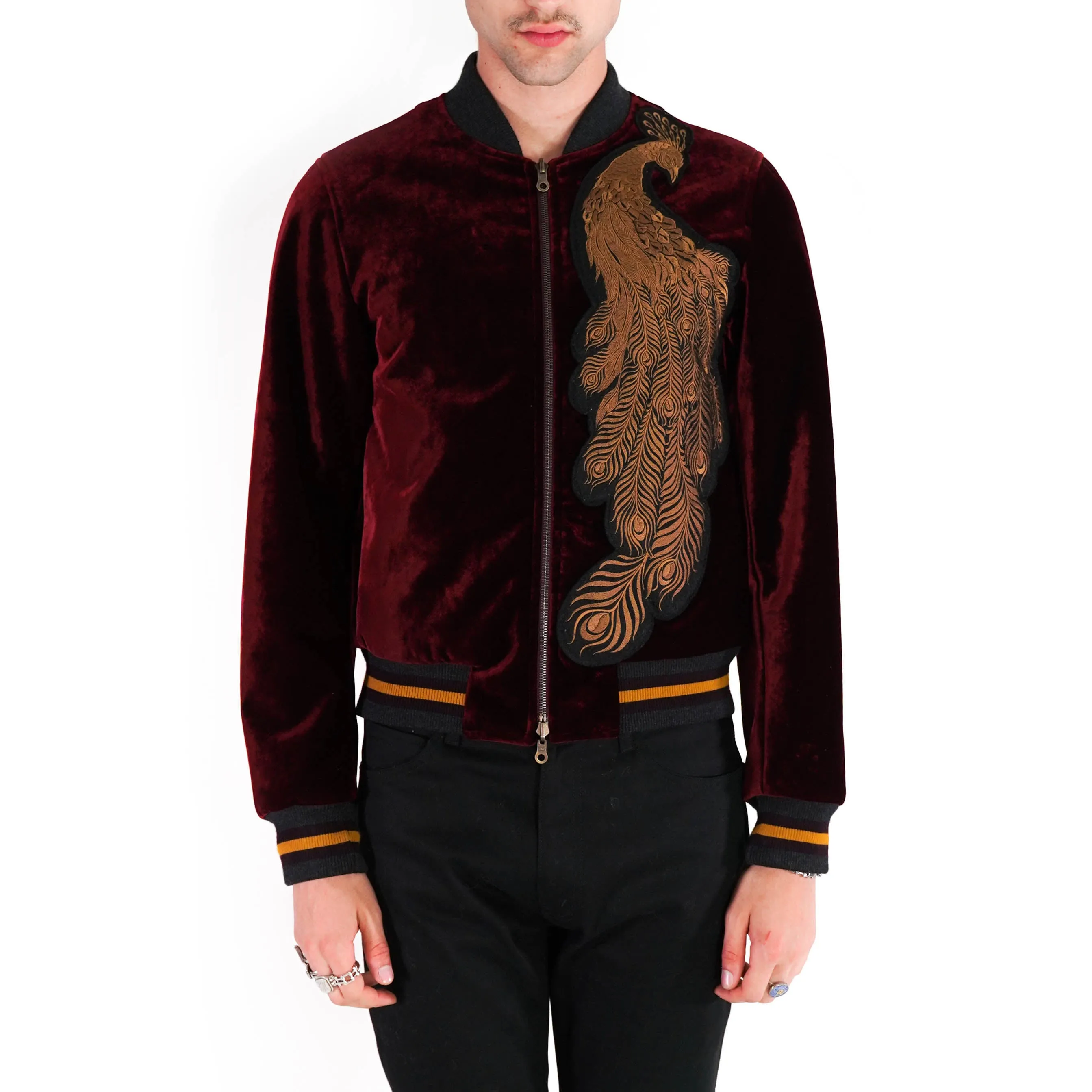 Peacock Embroidered Velvet Bomber