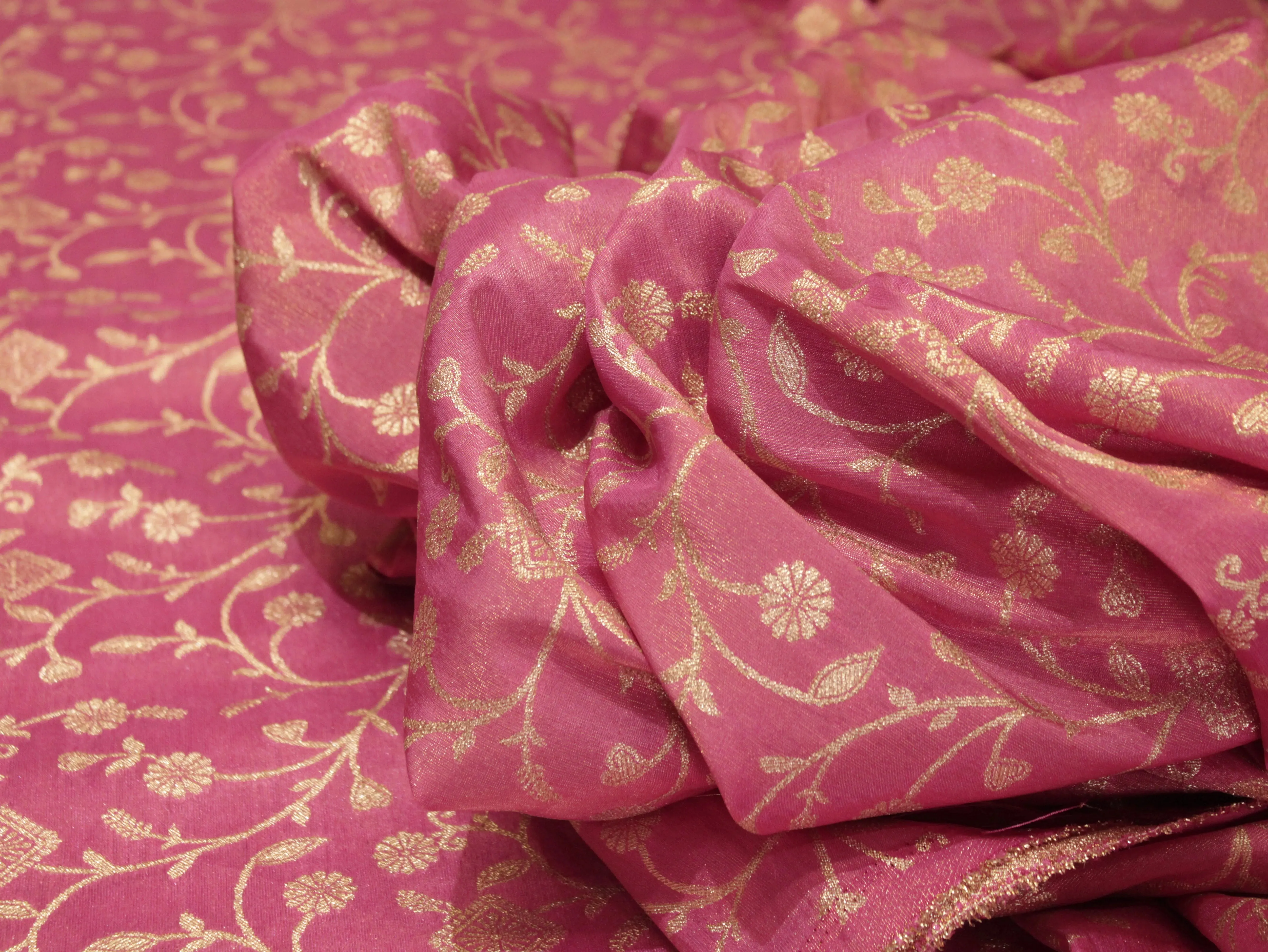 Premium Zari Jaal Woven Banarasi Tissue Fabric - Pink