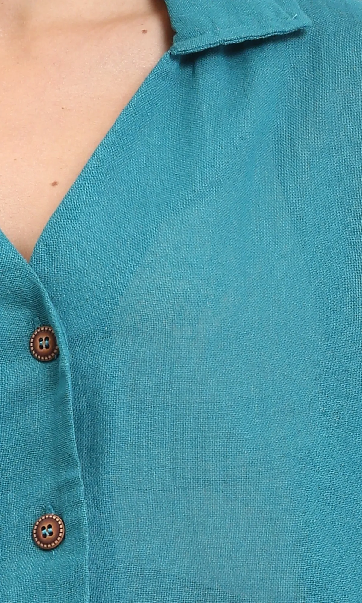 R206368 - Loose Elbow-Sleeves Textured Short Shirt - Teal