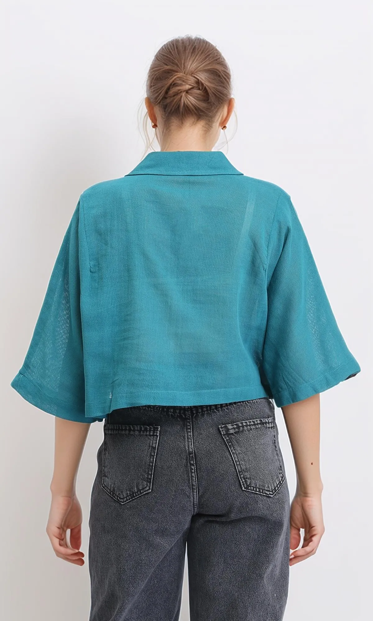 R206368 - Loose Elbow-Sleeves Textured Short Shirt - Teal