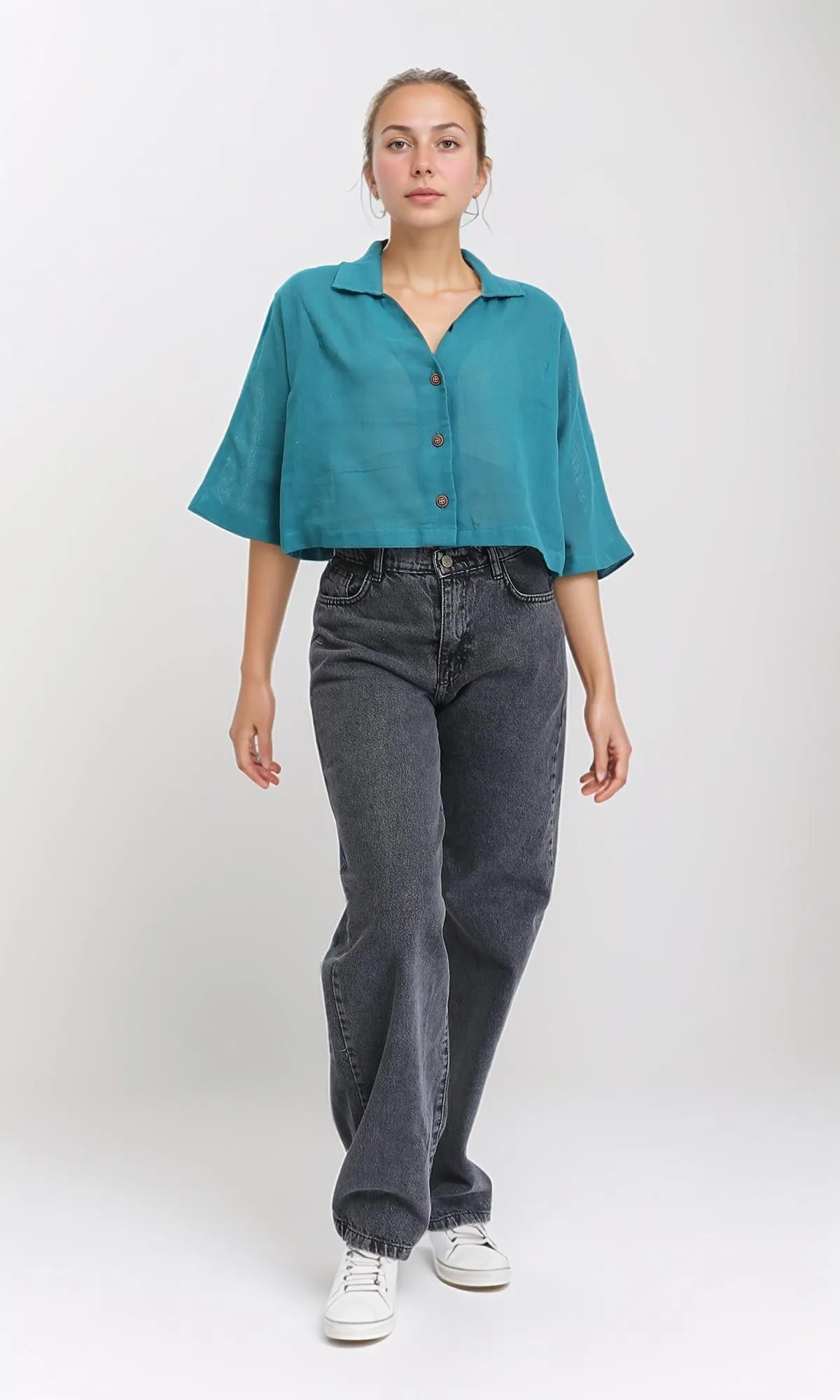 R206368 - Loose Elbow-Sleeves Textured Short Shirt - Teal