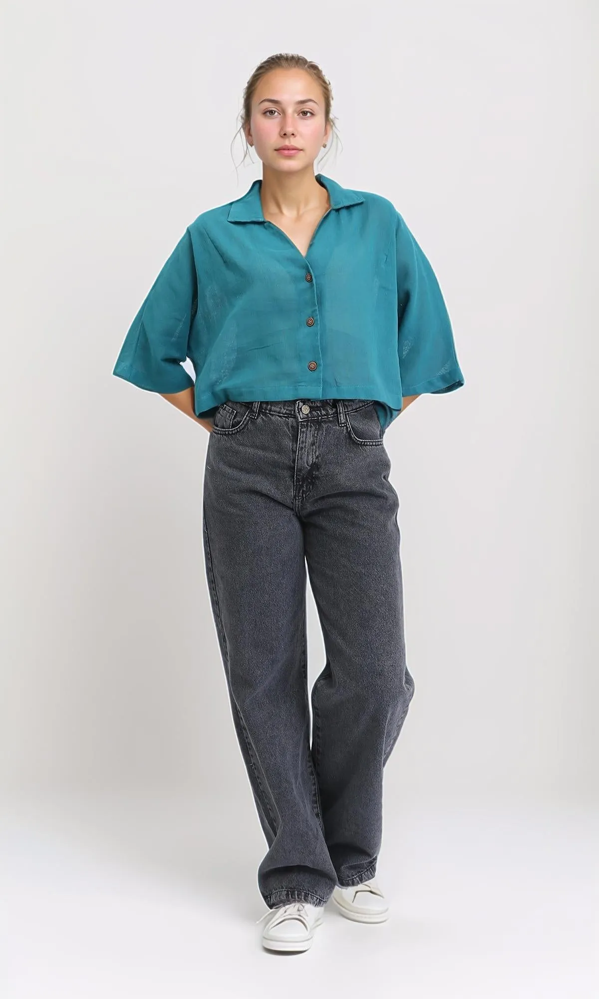 R206368 - Loose Elbow-Sleeves Textured Short Shirt - Teal