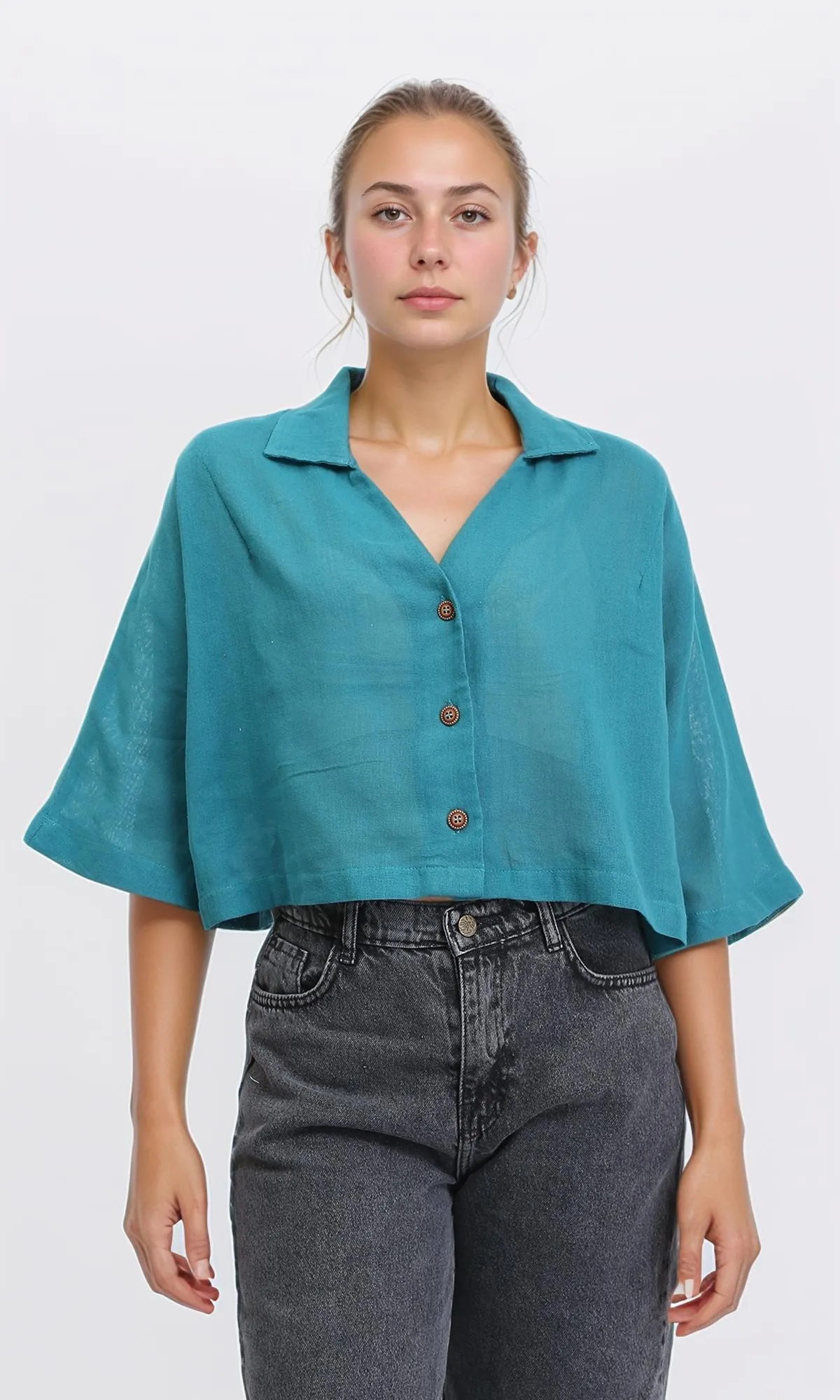 R206368 - Loose Elbow-Sleeves Textured Short Shirt - Teal
