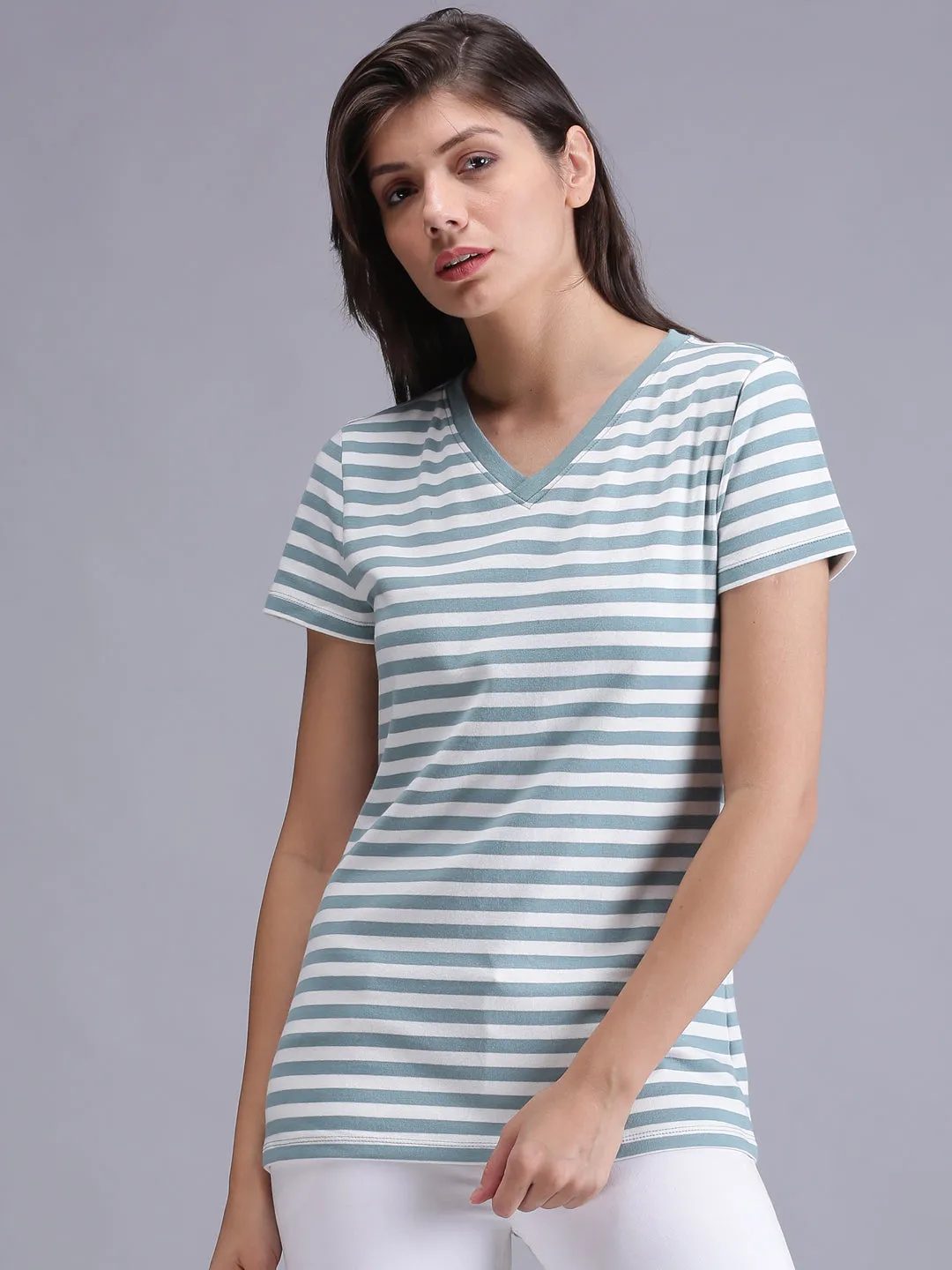 Women Olive Green Striped V-Neck T-shirt