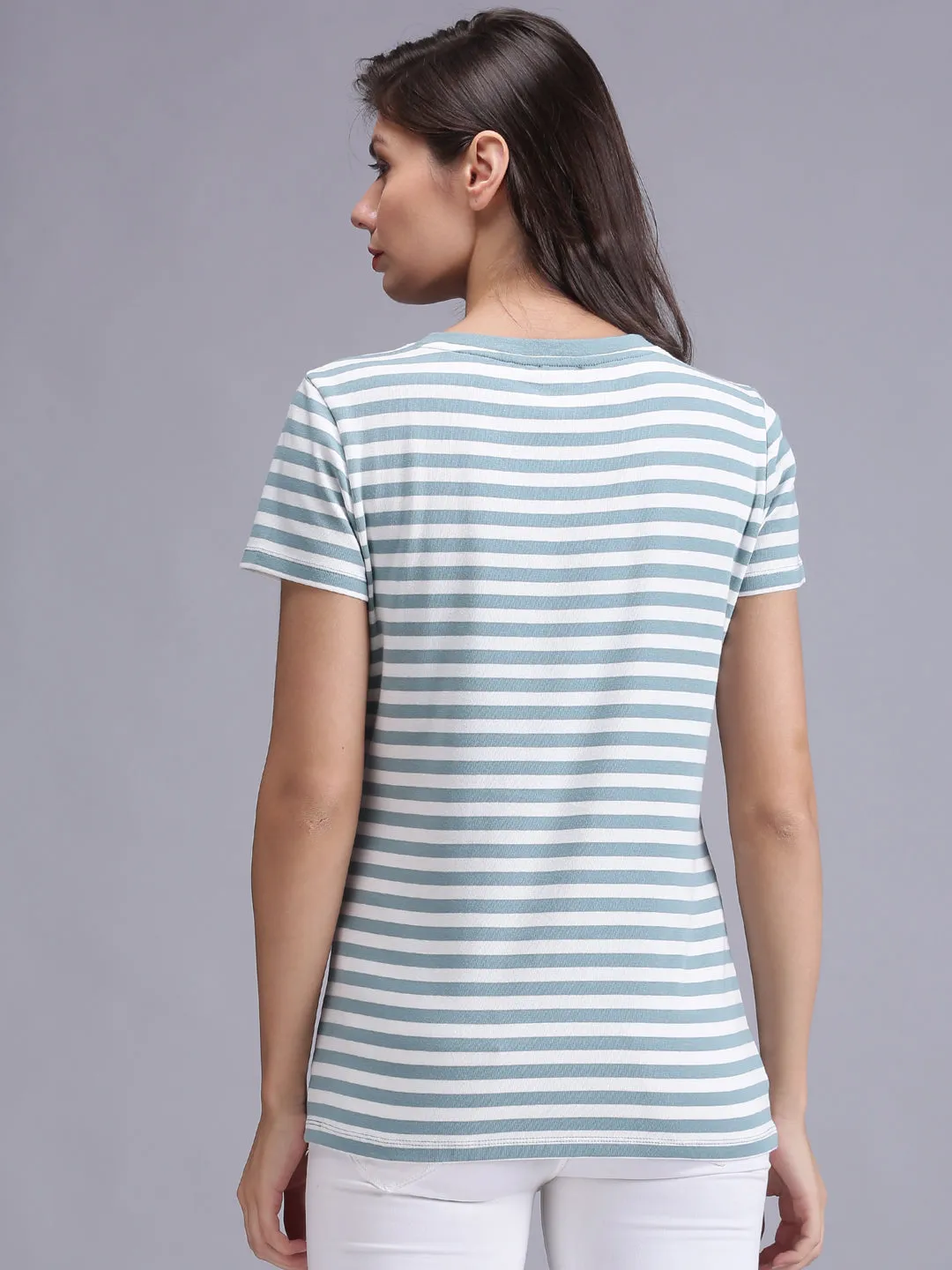 Women Olive Green Striped V-Neck T-shirt