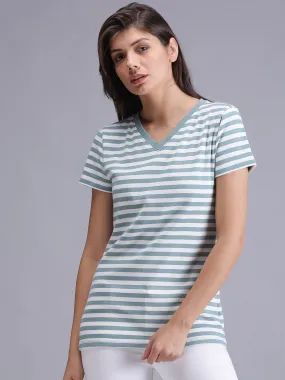 Women Olive Green Striped V-Neck T-shirt