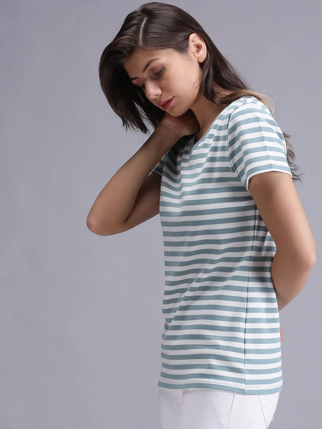 Women Olive Green Striped V-Neck T-shirt