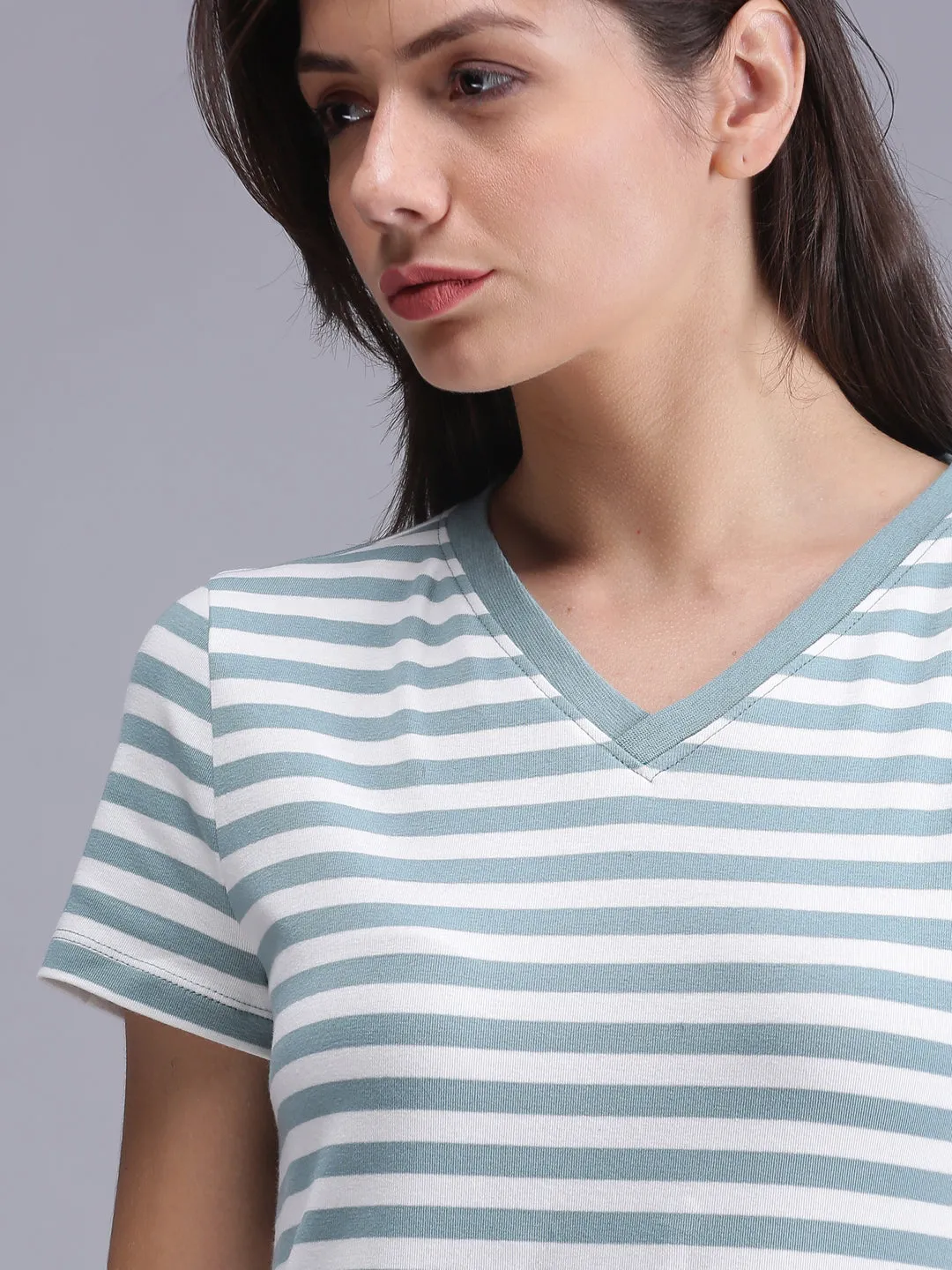 Women Olive Green Striped V-Neck T-shirt