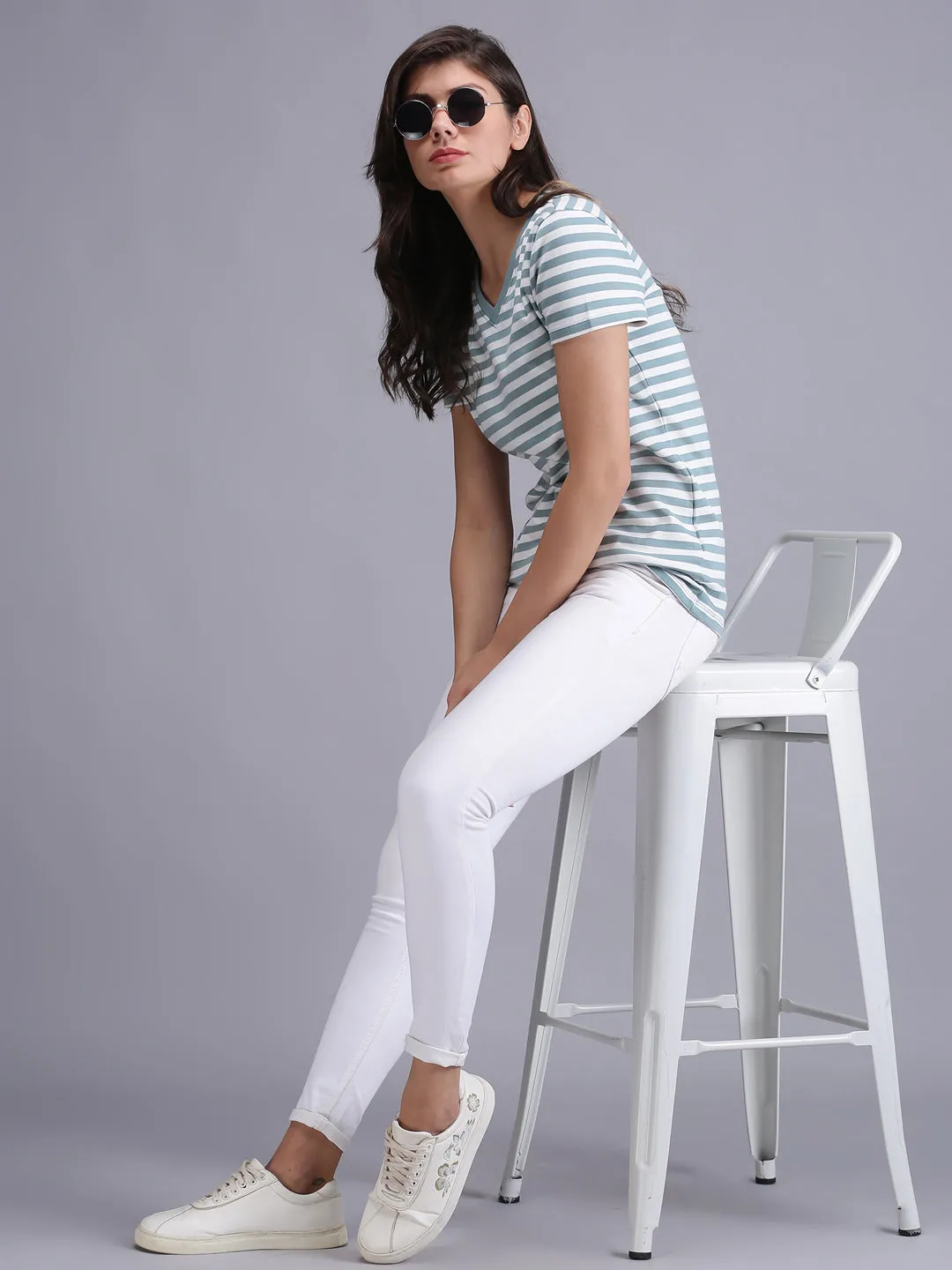 Women Olive Green Striped V-Neck T-shirt